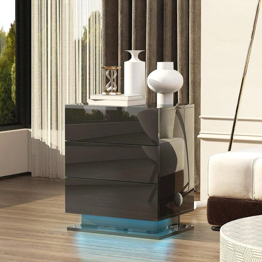 Modern LED Nightstand With 3 Drawers And RGB Lighting, Stylish Bedside Table For Image 1