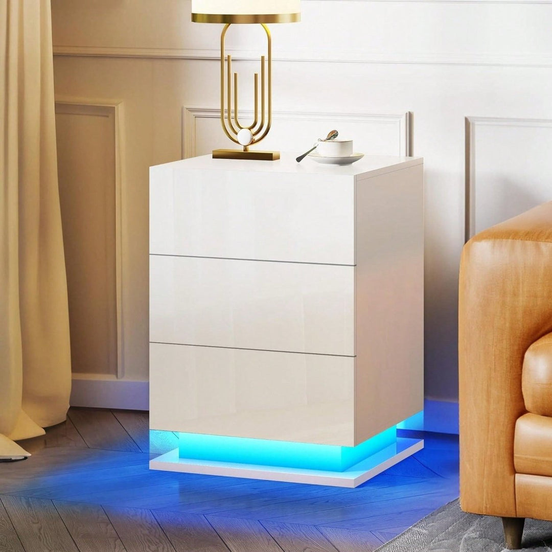 Modern LED Nightstand With 3 Drawers And RGB Lighting, Stylish Bedside Table For Image 2