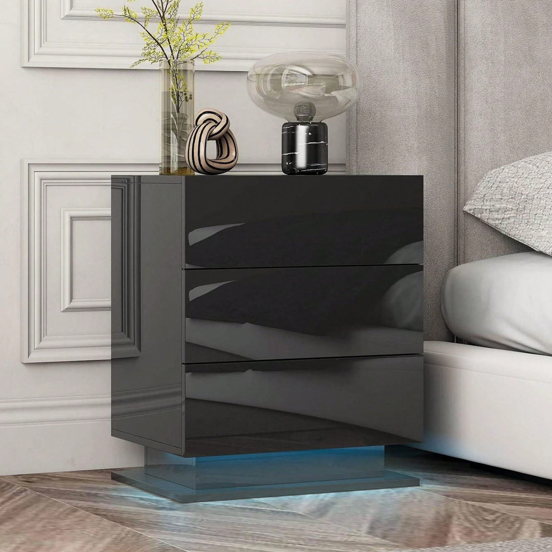 Modern LED Nightstand With 3 Drawers And RGB Lighting, Stylish Bedside Table For Image 3