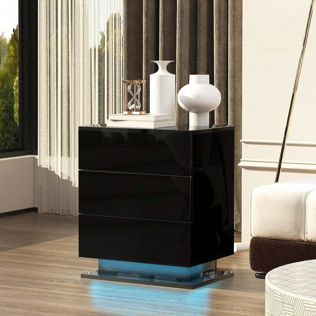 Modern LED Nightstand With 3 Drawers And RGB Lighting, Stylish Bedside Table For Image 4