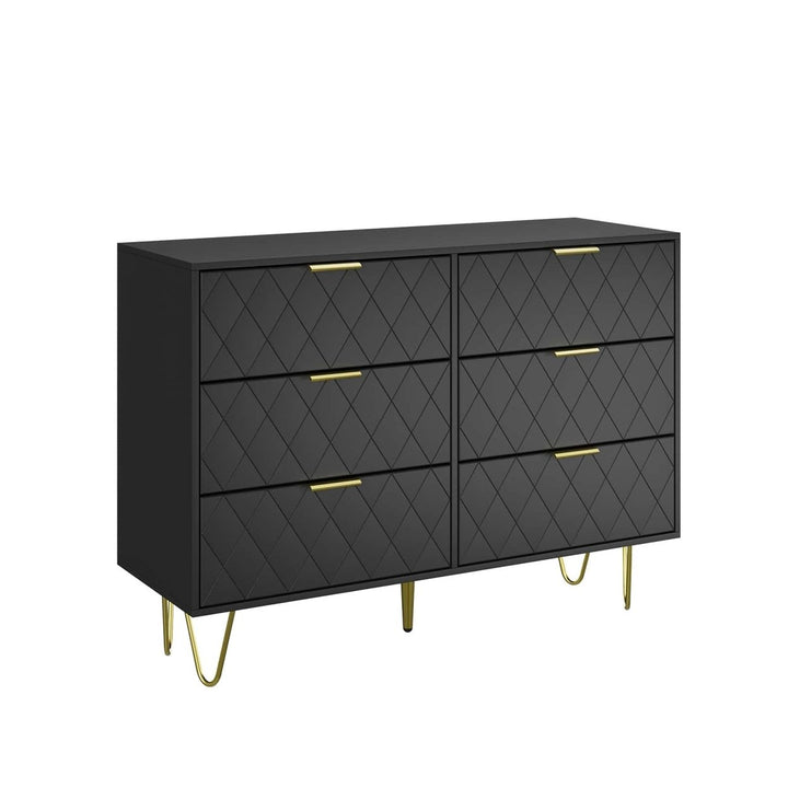 Modern Dresser With 6 Deep Drawers, Stylish Bedroom Furniture With Gold Handles, Large Storage Chest For Bedroom, Living Image 1