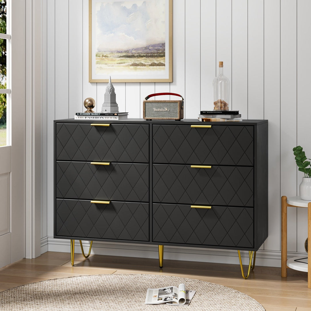 Modern Dresser With 6 Deep Drawers, Stylish Bedroom Furniture With Gold Handles, Large Storage Chest For Bedroom, Living Image 3