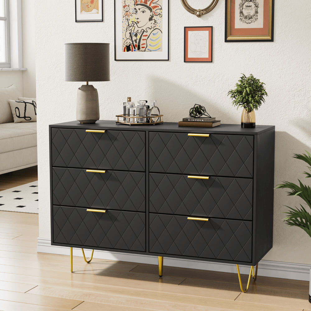 Modern Dresser With 6 Deep Drawers, Stylish Bedroom Furniture With Gold Handles, Large Storage Chest For Bedroom, Living Image 4