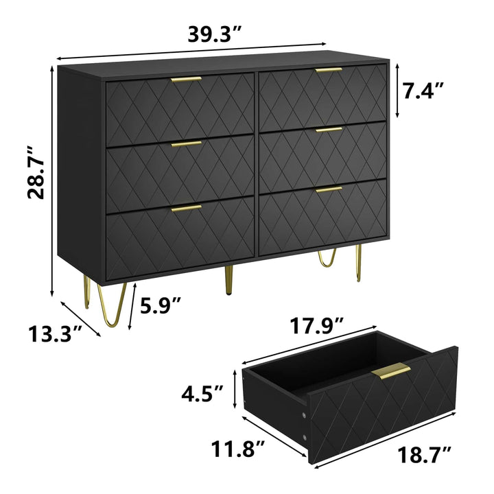 Modern Dresser With 6 Deep Drawers, Stylish Bedroom Furniture With Gold Handles, Large Storage Chest For Bedroom, Living Image 6