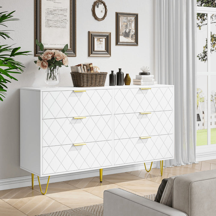 Modern Dresser With 6 Deep Drawers, Stylish Bedroom Furniture With Gold Handles, Large Storage Chest For Bedroom, Living Image 11