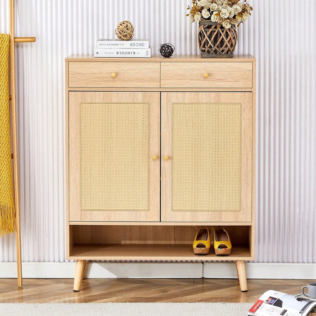 Modern Minimalist Storage Cabinet With Rattan Doors - Stylish Entryway Shoe Organizer Or Bedroom Nightstand - Easy 5-10 Image 1