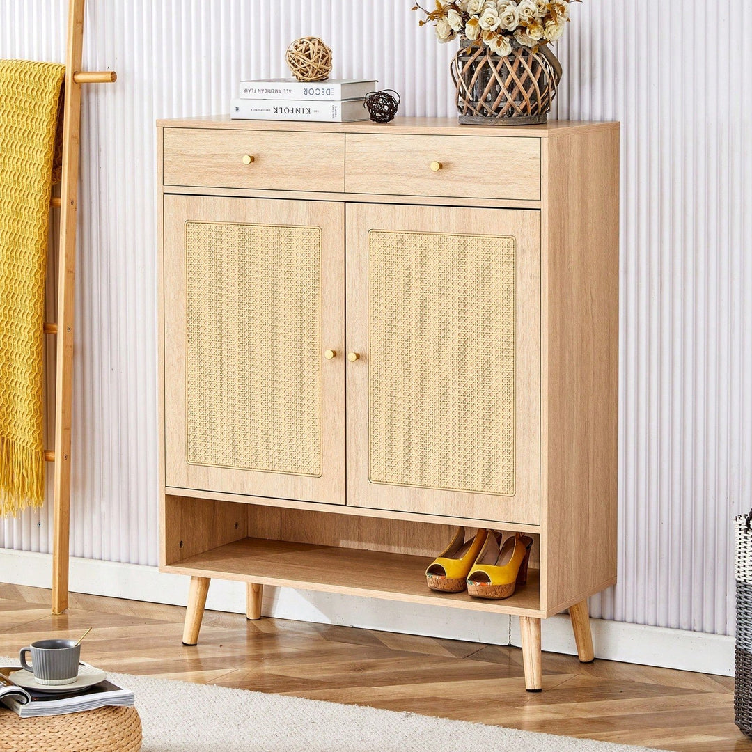 Modern Minimalist Storage Cabinet With Rattan Doors - Stylish Entryway Shoe Organizer Or Bedroom Nightstand - Easy 5-10 Image 3