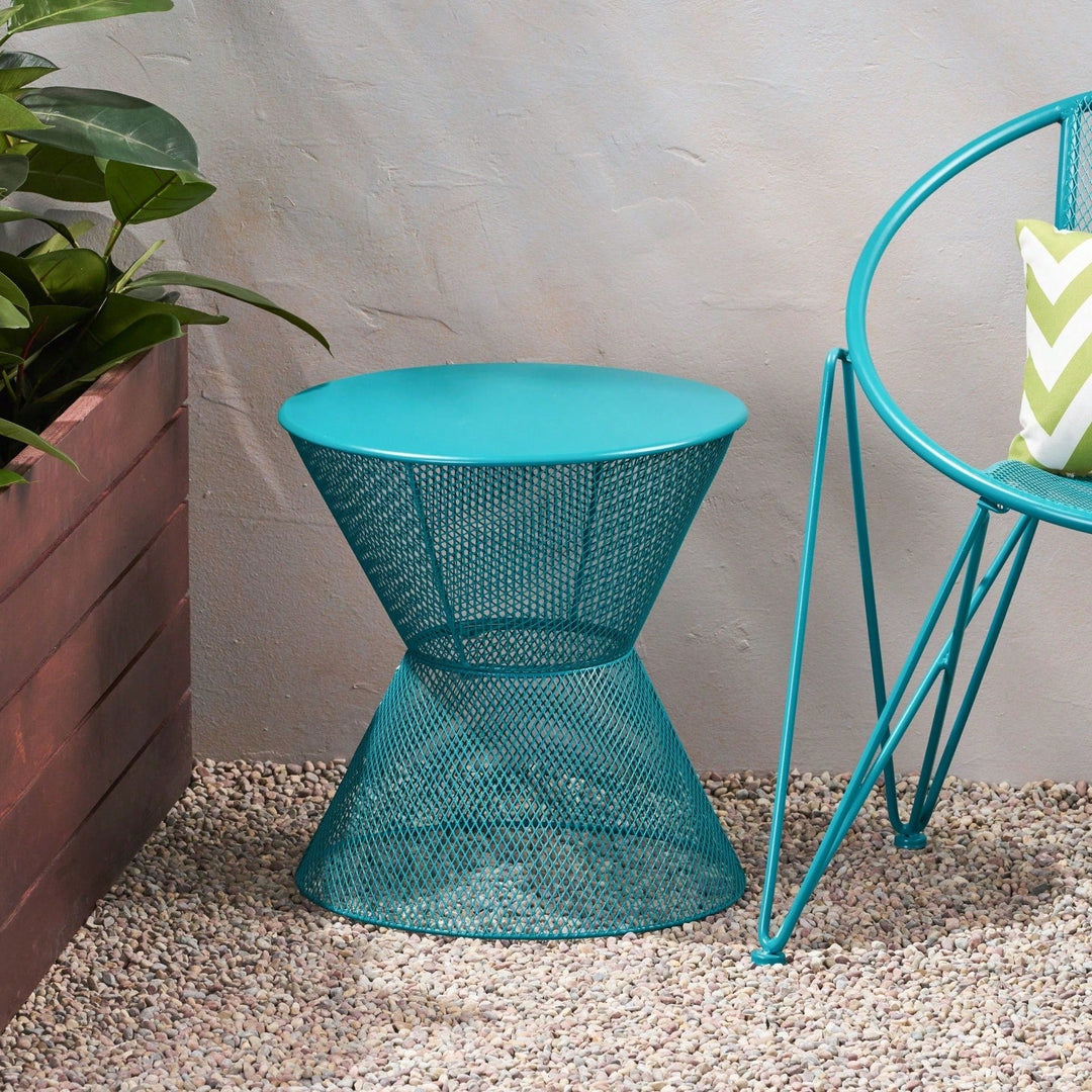 Modern Outdoor Hourglass Mesh Side Table with Iron Frame for Patio Garden Poolside Drinks and Snacks Image 5