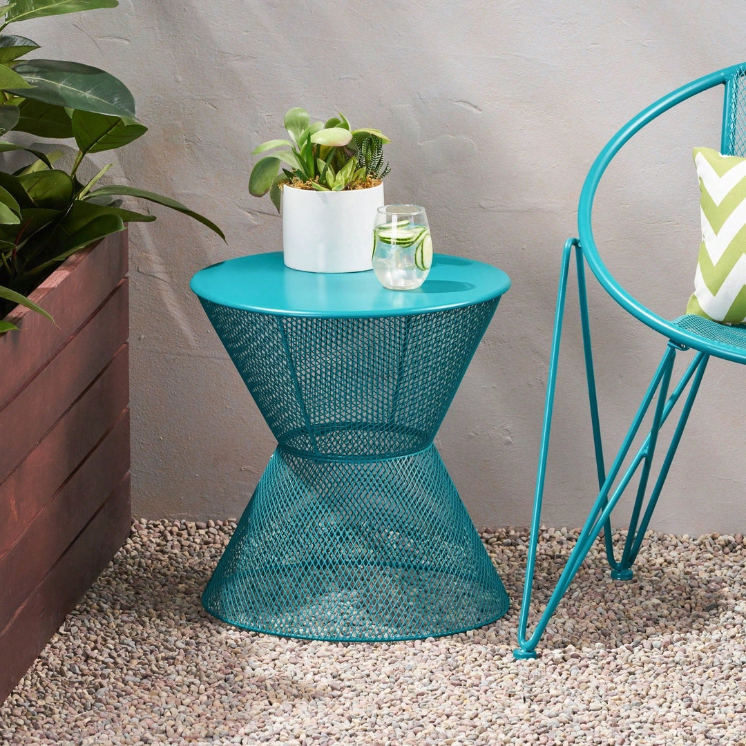 Modern Outdoor Hourglass Mesh Side Table with Iron Frame for Patio Garden Poolside Drinks and Snacks Image 6