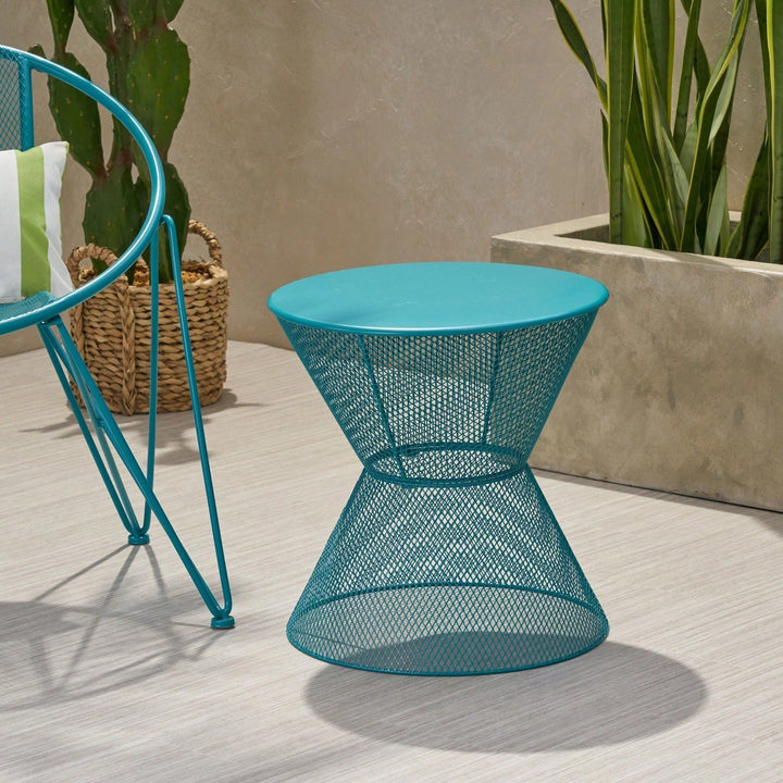 Modern Outdoor Hourglass Mesh Side Table with Iron Frame for Patio Garden Poolside Drinks and Snacks Image 8