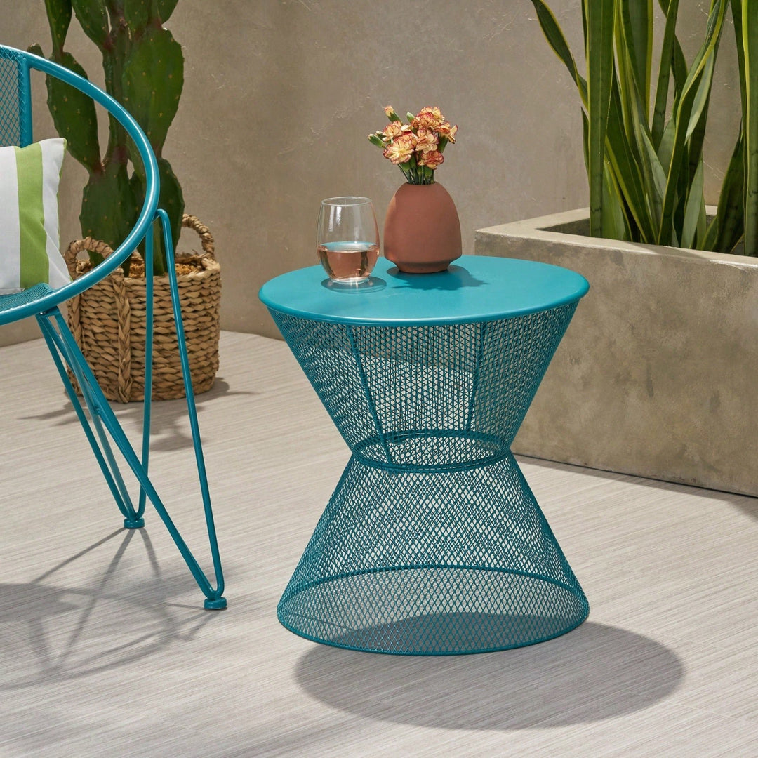 Modern Outdoor Hourglass Mesh Side Table with Iron Frame for Patio Garden Poolside Drinks and Snacks Image 9