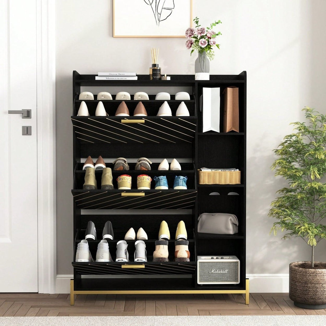 Modern Slim Shoe Cabinet with 3 Flip Drawers and Open Shelves for Heels Boots and Slippers Image 1