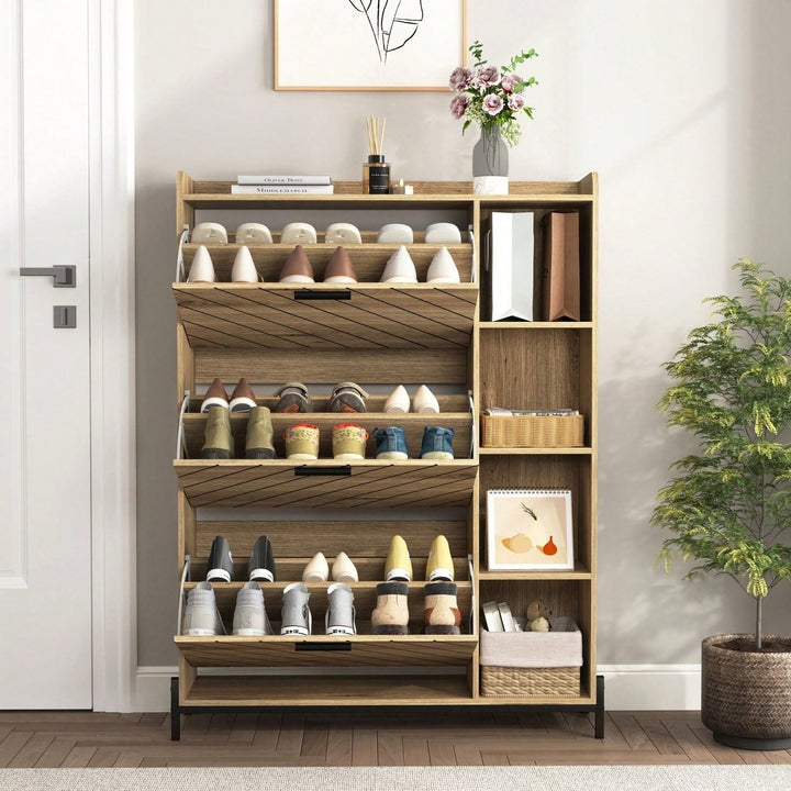 Modern Slim Shoe Cabinet with 3 Flip Drawers and Open Shelves for Heels Boots and Slippers Image 2