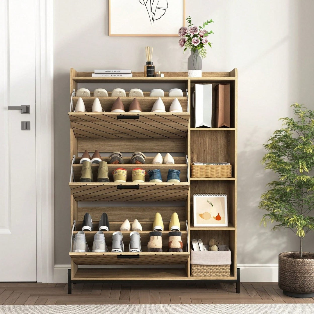 Modern Slim Shoe Cabinet with 3 Flip Drawers and Open Shelves for Heels Boots and Slippers Image 1