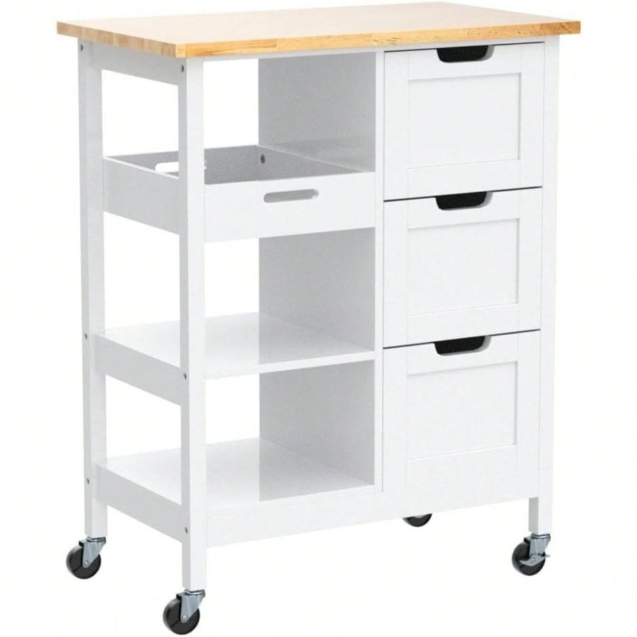 Mobile Kitchen Island Cart with Solid Wood Top 3 Drawers and Storage Shelves Stylish White Finish on Wheels Image 1