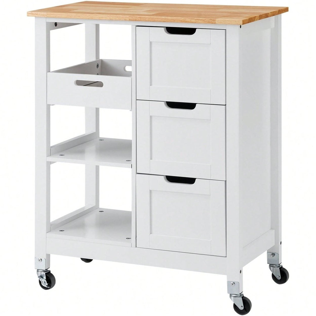 Mobile Kitchen Island Cart with Solid Wood Top 3 Drawers and Storage Shelves Stylish White Finish on Wheels Image 2