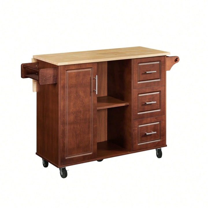 Mobile Kitchen Island Cart with Wood Top and Storage Drawers on Wheels for Small Spaces Image 1