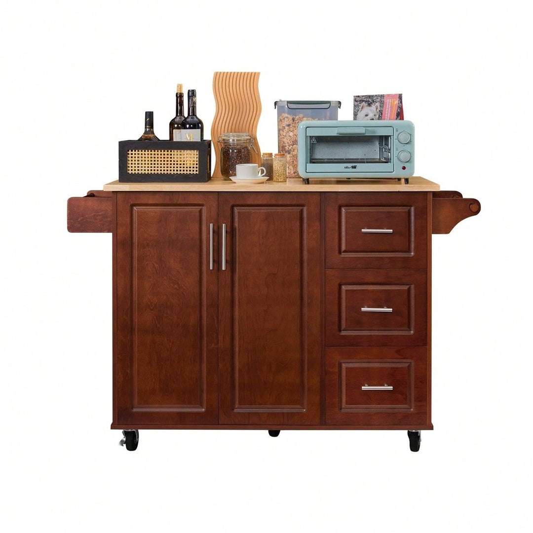 Mobile Kitchen Island Cart with Wood Top and Storage Drawers on Wheels for Small Spaces Image 2