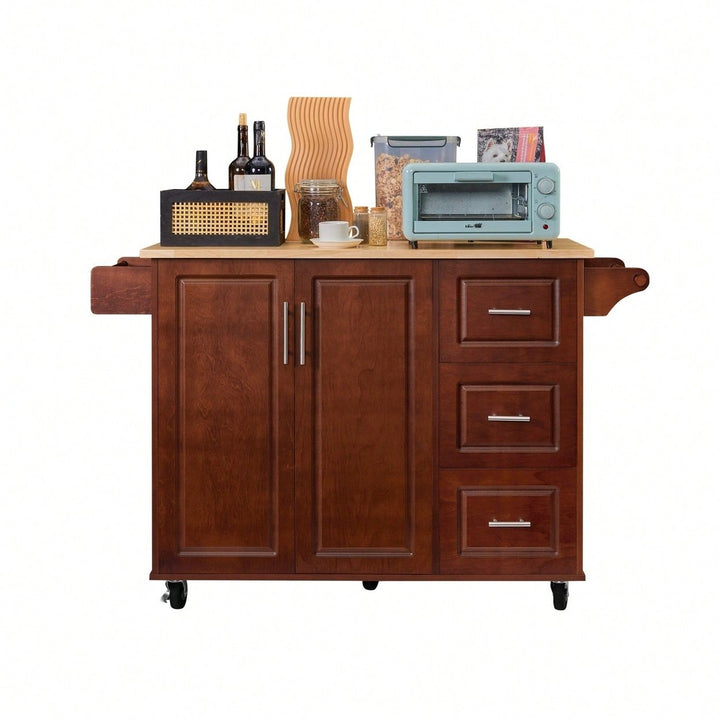 Mobile Kitchen Island Cart with Wood Top and Storage Drawers on Wheels for Small Spaces Image 2