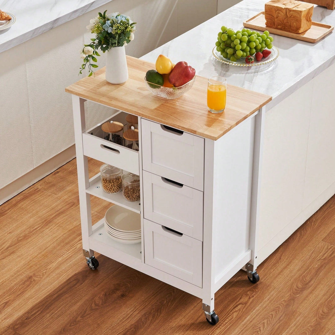 Mobile Kitchen Island Cart with Solid Wood Top 3 Drawers and Storage Shelves Stylish White Finish on Wheels Image 3