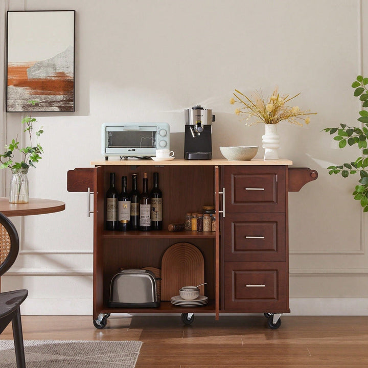 Mobile Kitchen Island Cart with Wood Top and Storage Drawers on Wheels for Small Spaces Image 4