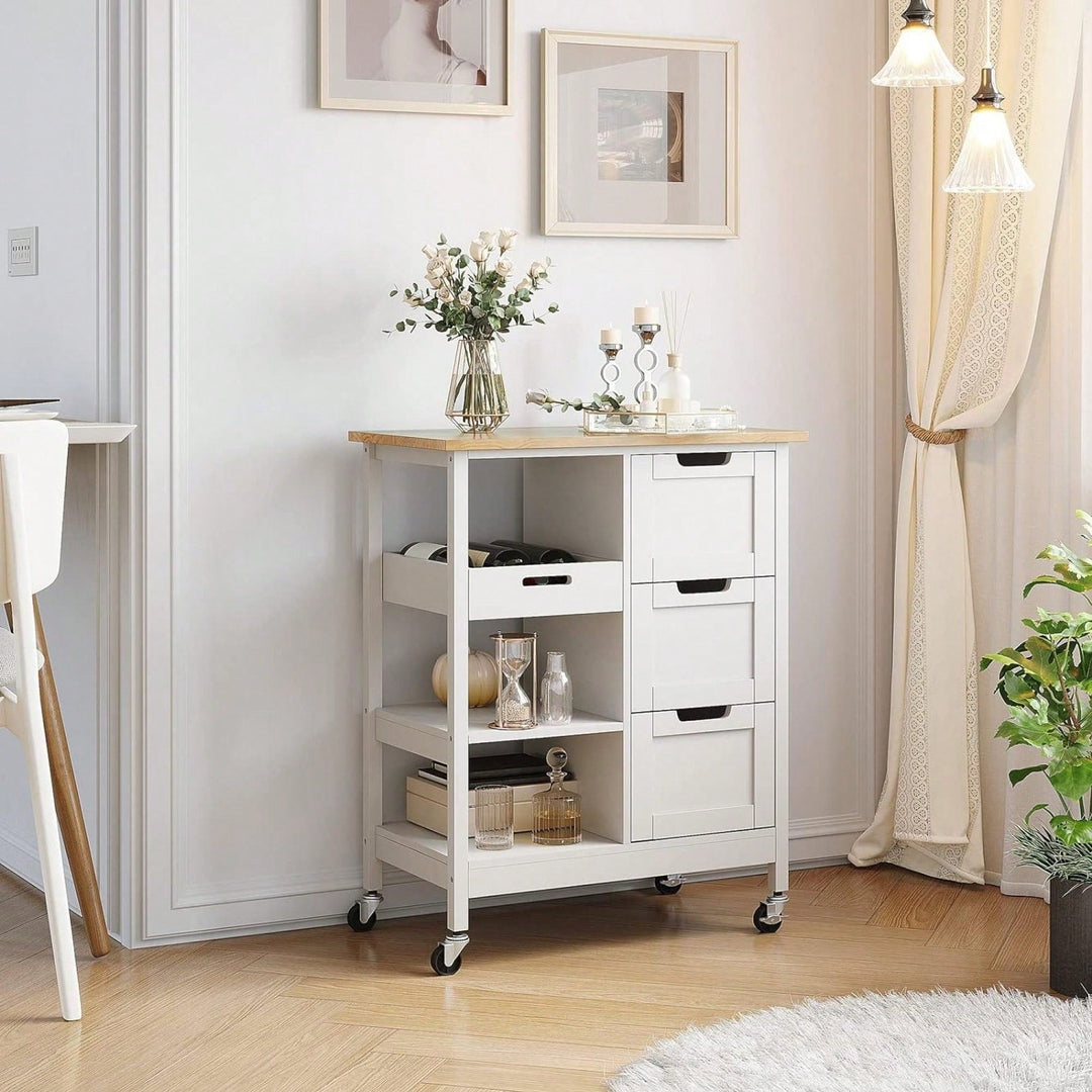 Mobile Kitchen Island Cart with Solid Wood Top 3 Drawers and Storage Shelves Stylish White Finish on Wheels Image 4