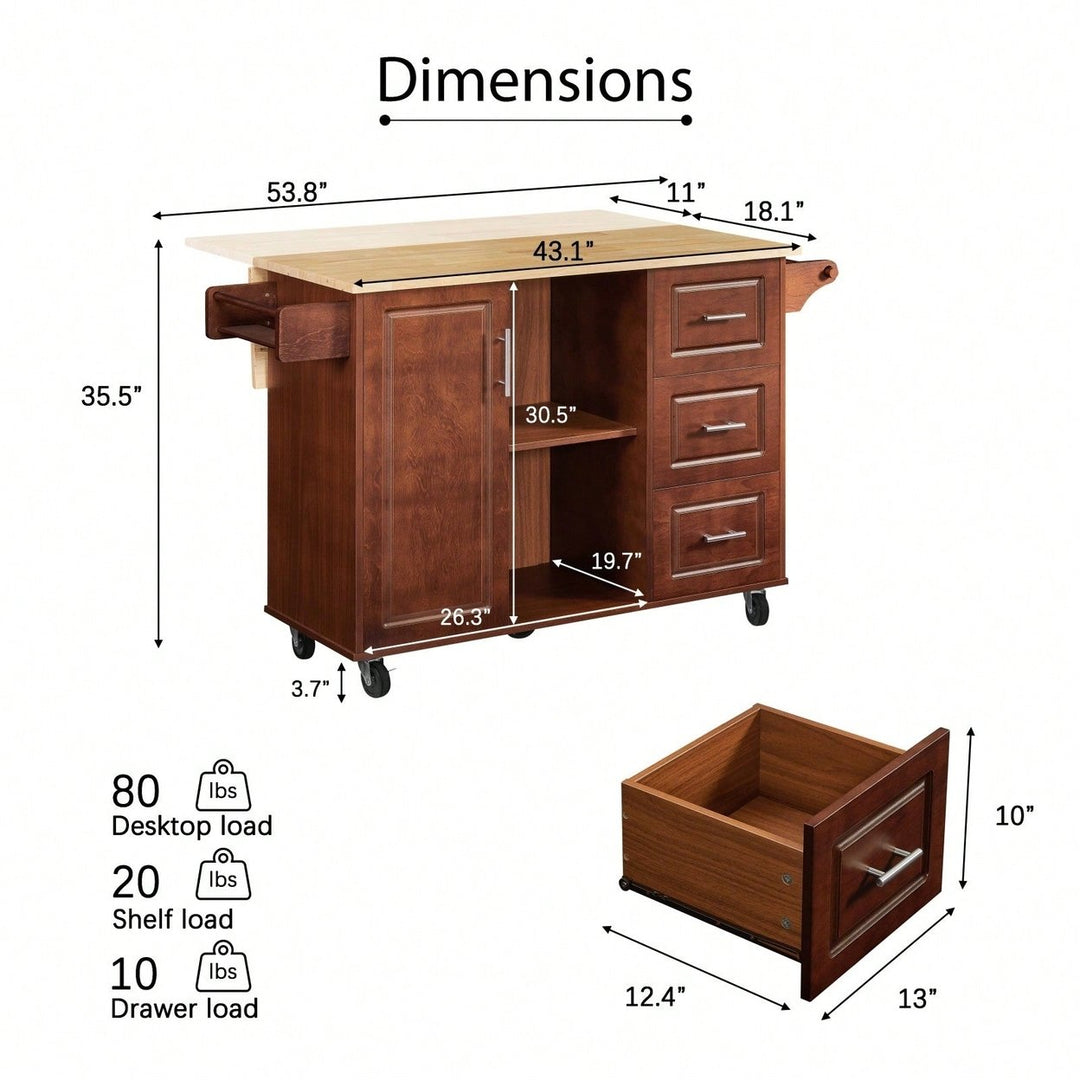 Mobile Kitchen Island Cart with Wood Top and Storage Drawers on Wheels for Small Spaces Image 5