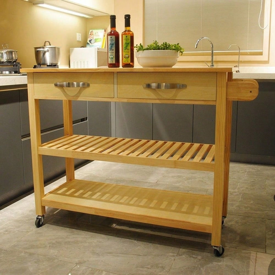 Mobile Kitchen Island With Two Lockable Wheels, Rubber Wood Top, Simple Design and Natural Color Give More Imagination Image 1