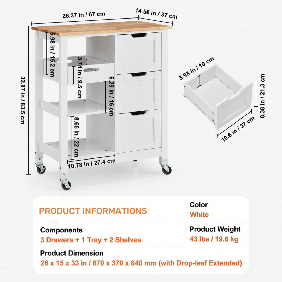 Mobile Kitchen Island Cart with Solid Wood Top 3 Drawers and Storage Shelves Stylish White Finish on Wheels Image 6