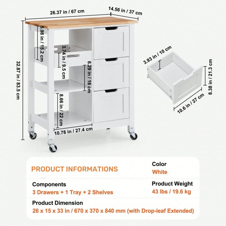 Mobile Kitchen Island Cart with Solid Wood Top 3 Drawers and Storage Shelves Stylish White Finish on Wheels Image 6