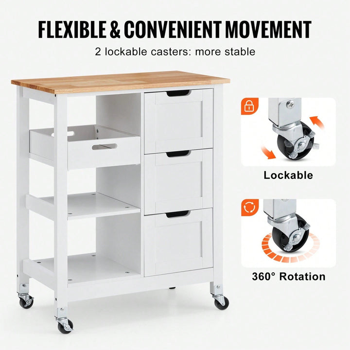 Mobile Kitchen Island Cart with Solid Wood Top 3 Drawers and Storage Shelves Stylish White Finish on Wheels Image 7