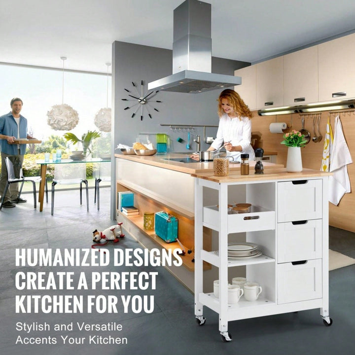 Mobile Kitchen Island Cart with Solid Wood Top 3 Drawers and Storage Shelves Stylish White Finish on Wheels Image 8