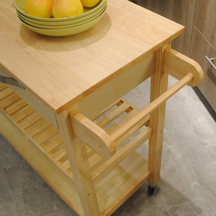 Mobile Kitchen Island With Two Lockable Wheels, Rubber Wood Top, Simple Design and Natural Color Give More Imagination Image 4