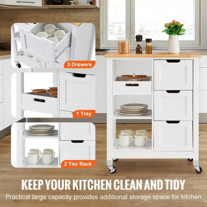 Mobile Kitchen Island Cart with Solid Wood Top 3 Drawers and Storage Shelves Stylish White Finish on Wheels Image 9