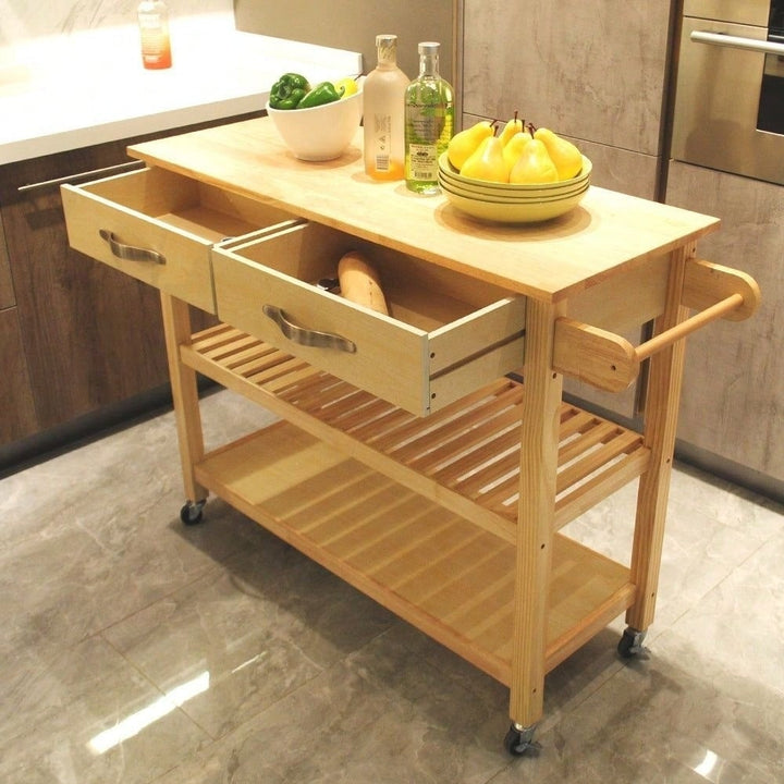 Mobile Kitchen Island With Two Lockable Wheels, Rubber Wood Top, Simple Design and Natural Color Give More Imagination Image 7