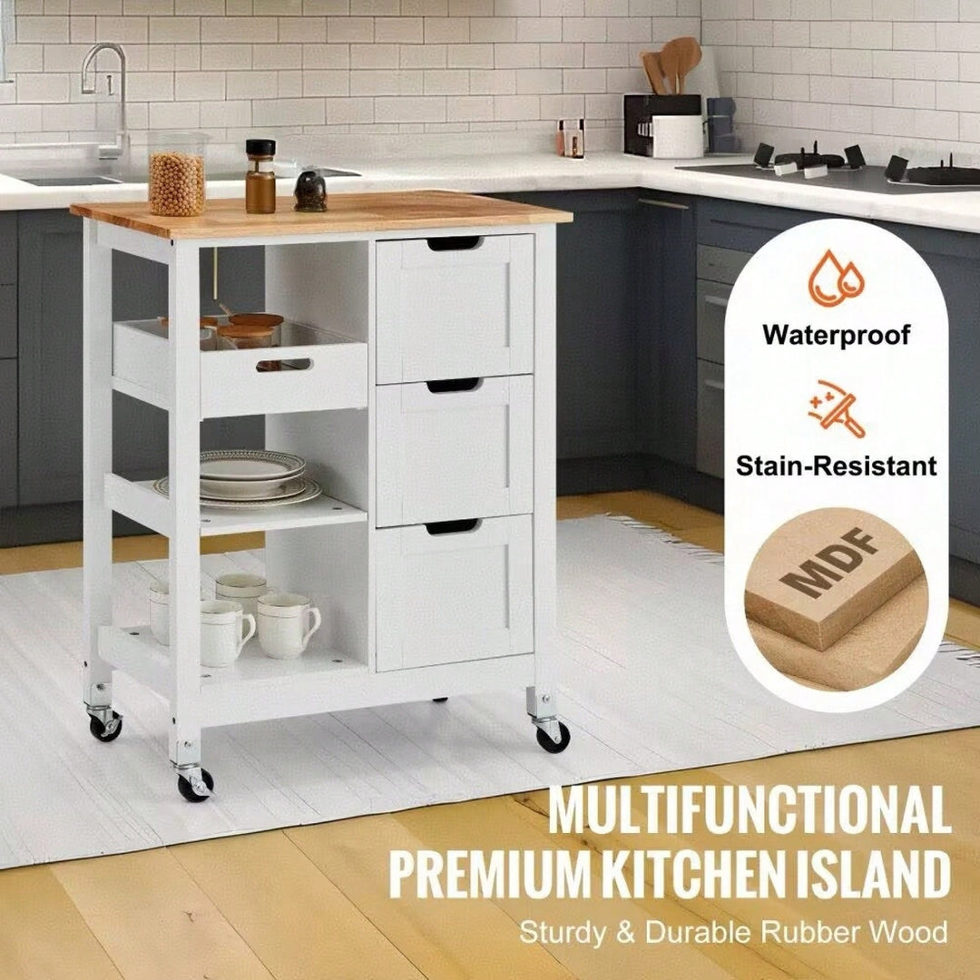 Mobile Kitchen Island Cart with Solid Wood Top 3 Drawers and Storage Shelves Stylish White Finish on Wheels Image 10