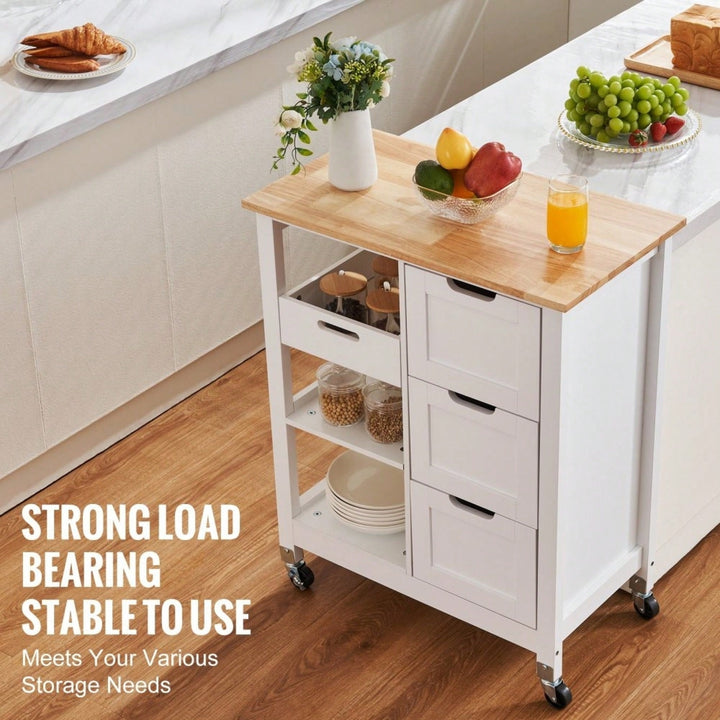 Mobile Kitchen Island Cart with Solid Wood Top 3 Drawers and Storage Shelves Stylish White Finish on Wheels Image 11