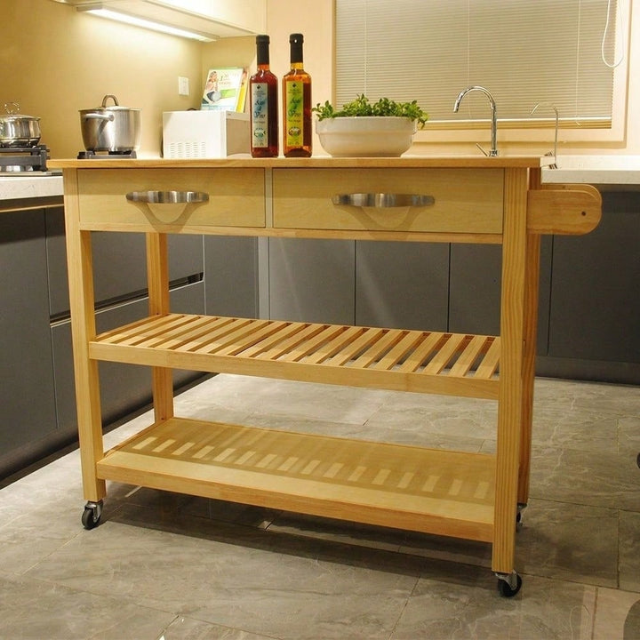 Mobile Kitchen Island With Two Lockable Wheels, Rubber Wood Top, Simple Design and Natural Color Give More Imagination Image 12