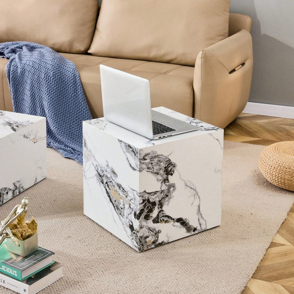 Modern 15.75 Inch White MDF Cube Coffee Table With Stylish Texture And Easy Assembly Image 2