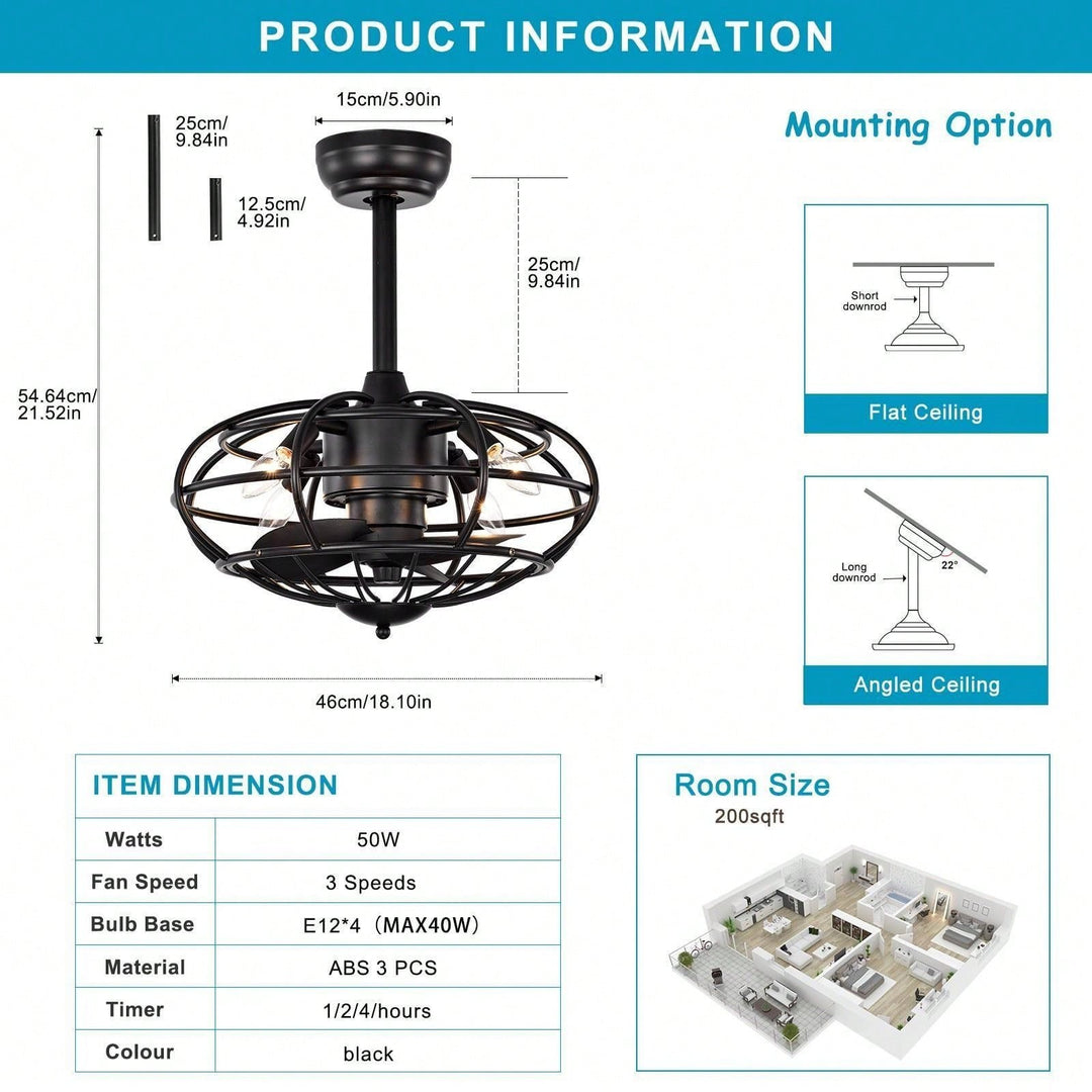 Modern 18.1 Inch Caged Ceiling Fan with Remote Timer 3 Speed Reversible Quiet Design for Farmhouse Bedroom Living Room Image 4