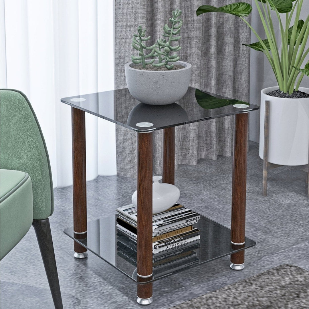 Modern 2-Tier Black and Walnut Side Table - Versatile Nightstand and Sofa End Table with Storage Shelf Image 1