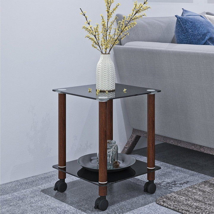 Modern 2-Tier Black and Walnut Side Table - Versatile Nightstand and Sofa End Table with Storage Shelf Image 2