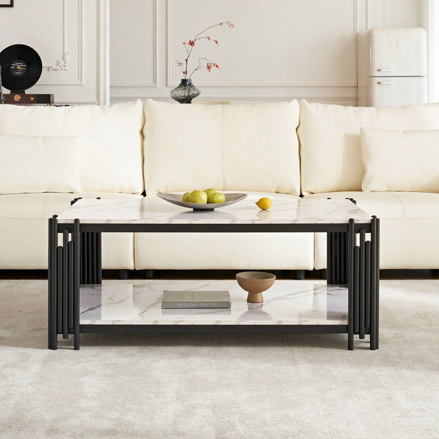 Modern 2-Tier Faux Marble Coffee Table with Storage Shelf Black Gold Elegant Design for Small Living Rooms Image 1