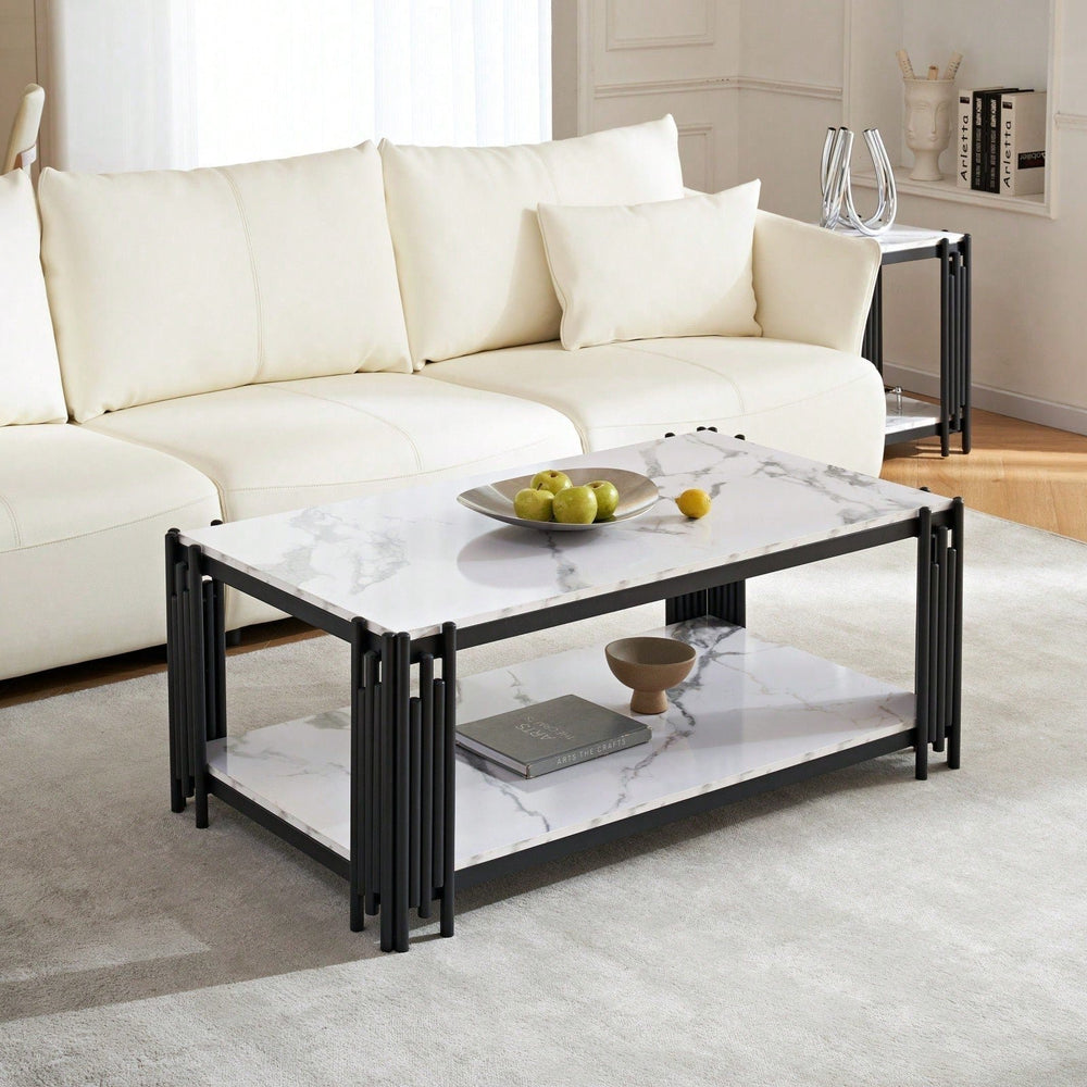 Modern 2-Tier Faux Marble Coffee Table with Storage Shelf Black Gold Elegant Design for Small Living Rooms Image 2