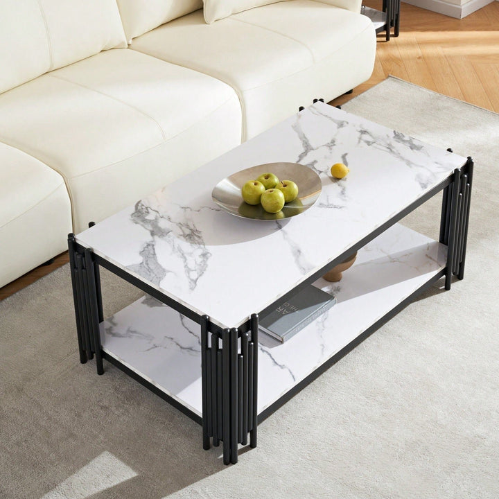 Modern 2-Tier Faux Marble Coffee Table with Storage Shelf Black Gold Elegant Design for Small Living Rooms Image 3