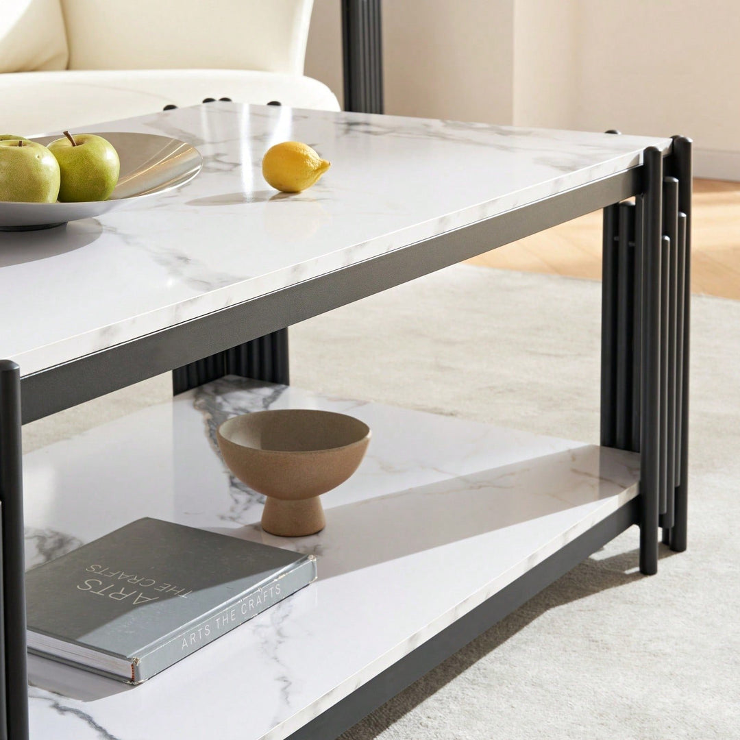 Modern 2-Tier Faux Marble Coffee Table with Storage Shelf Black Gold Elegant Design for Small Living Rooms Image 4