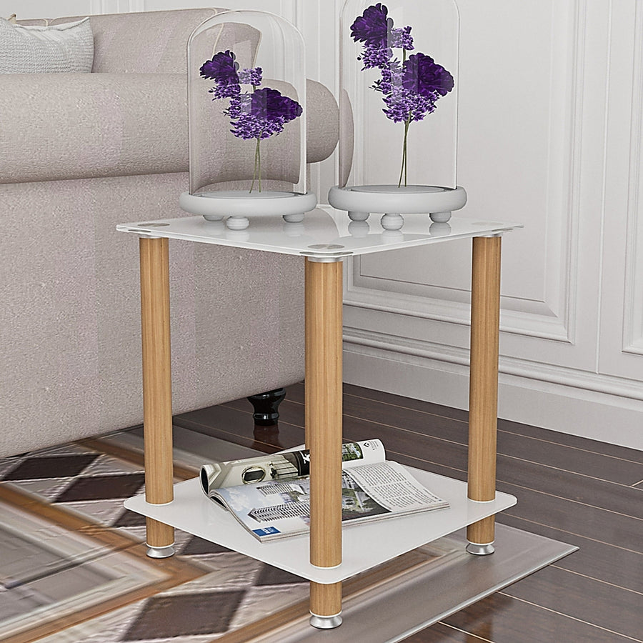 Modern 2-Tier White and Oak Side Table - Stylish Nightstand and Sofa Table with Storage Shelf for Living Room or Bedroom Image 1