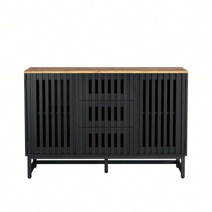 Modern 3 Drawer 4 Shelf Dresser with Slatted Doors Stylish MDF Storage Cabinet for Bedroom Living Room Office Image 1