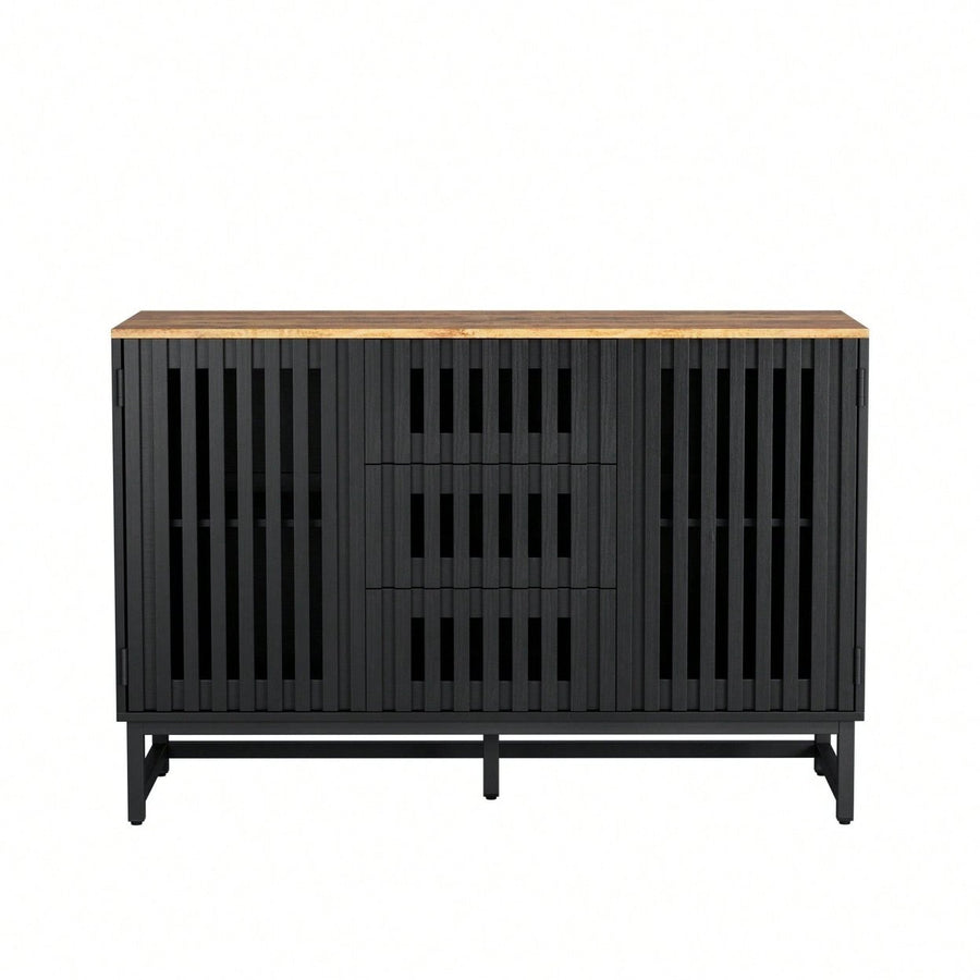 Modern 3 Drawer 4 Shelf Dresser with Slatted Doors Stylish MDF Storage Cabinet for Bedroom Living Room Office Image 1