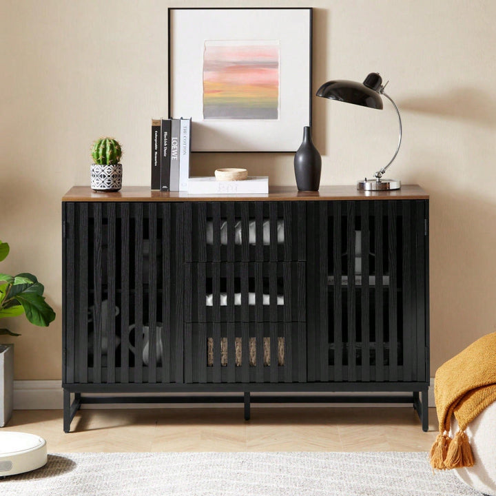 Modern 3 Drawer 4 Shelf Dresser with Slatted Doors Stylish MDF Storage Cabinet for Bedroom Living Room Office Image 3